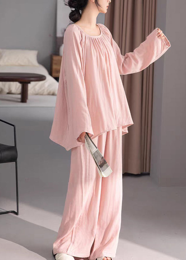 Loose Pink Wrinkled Cotton Pajamas Two-piece Set Fall