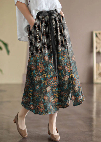 Khaki Elastic Waist Print Linen Skirts Summer