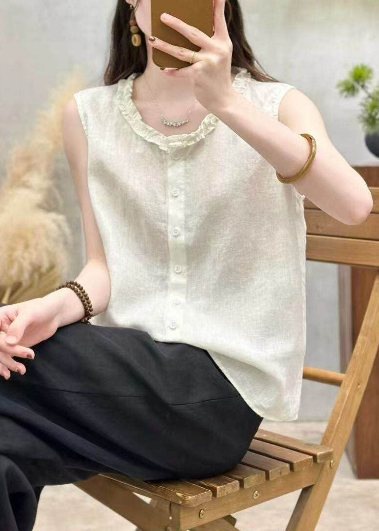 Yellow Ruffled Button Patchwork Linen Top Sleeveless