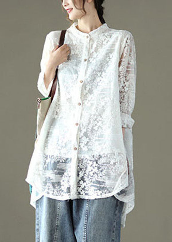 Loose White Hollow Out Lace Upf 50+ Shirts Long Sleeve