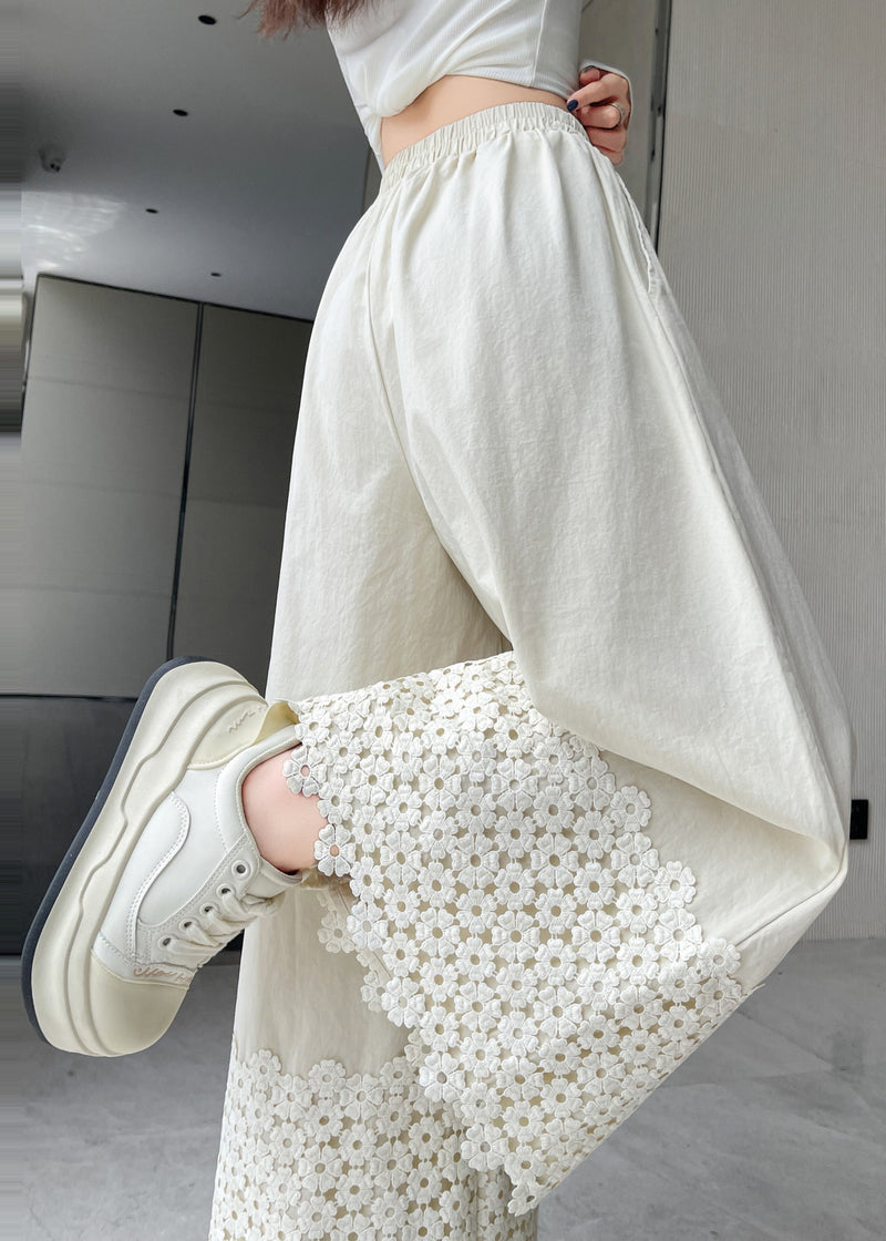 White Embroidered Patchwork Cotton Pants Fall