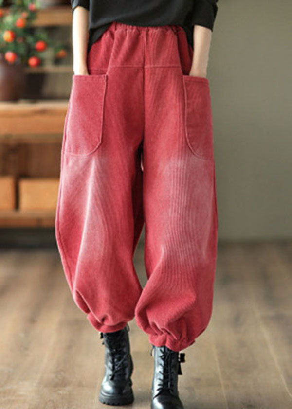 Red Elastic Waist Pockets Warm Fleece Corduroy Harem Pants Winter