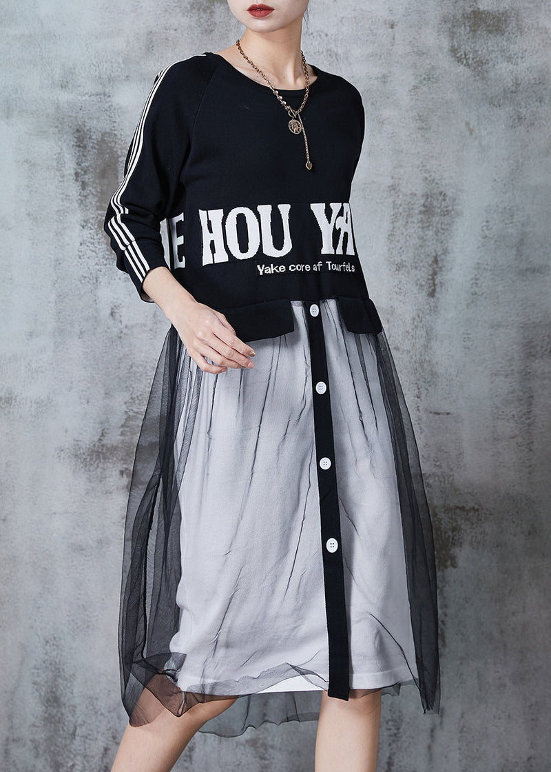 Black Letter Patchwork Tulle Vacation Dresses Summer
