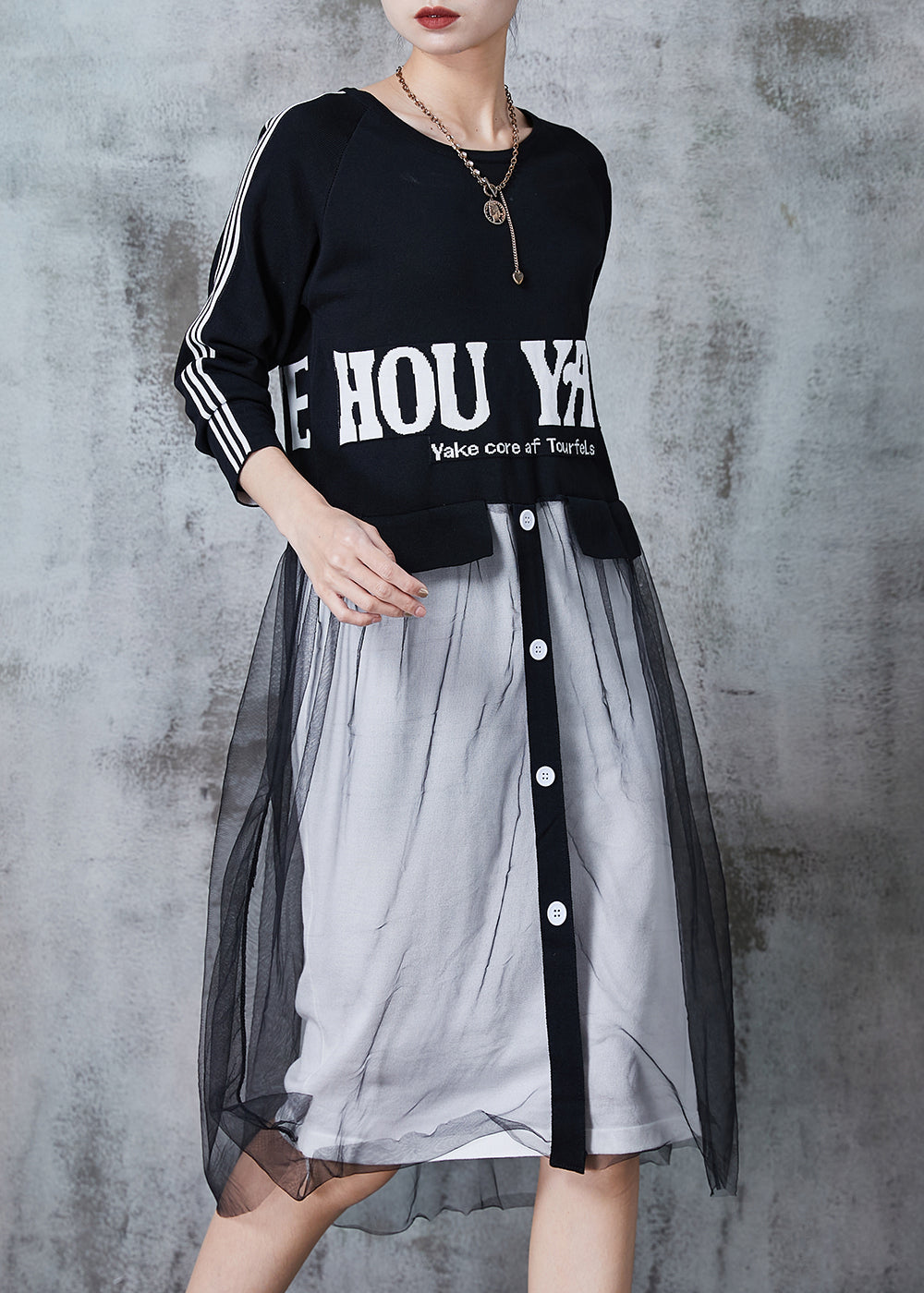 Black Letter Patchwork Tulle Vacation Dresses Summer