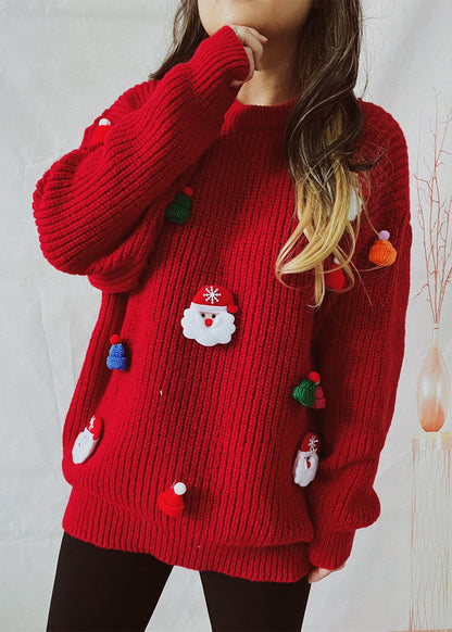 New Red O-neck Christmas Decorated Knit Sweater Winter