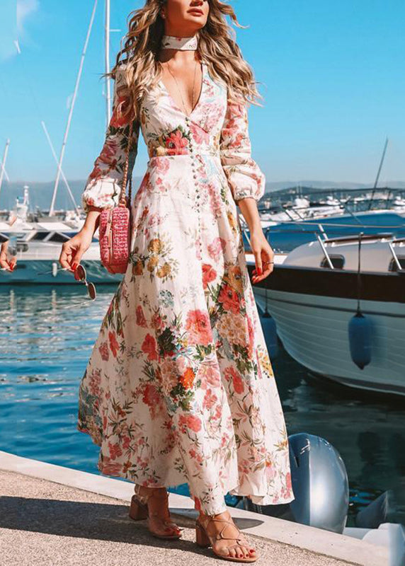V Neck Print Cotton Dress Long Sleeve