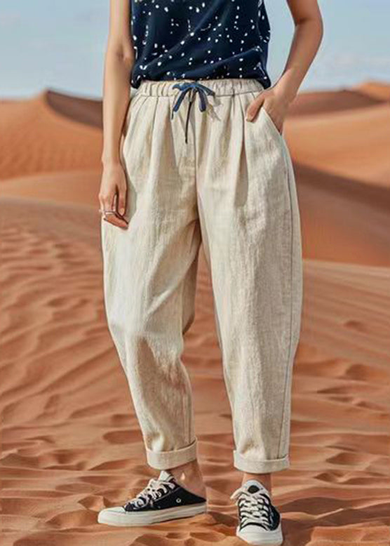 Light Khaki Pockets Tie Waist Crop Pants Summer