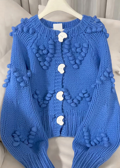 Blue O-neck Button Cotton Knit Cardigan Fall