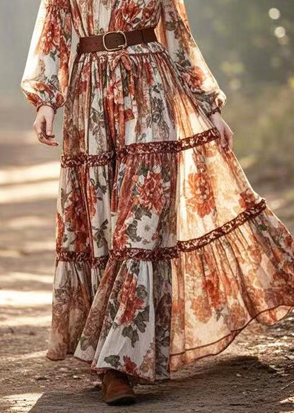 Brick Red Cinched Print Cotton Holiday Dress Spring