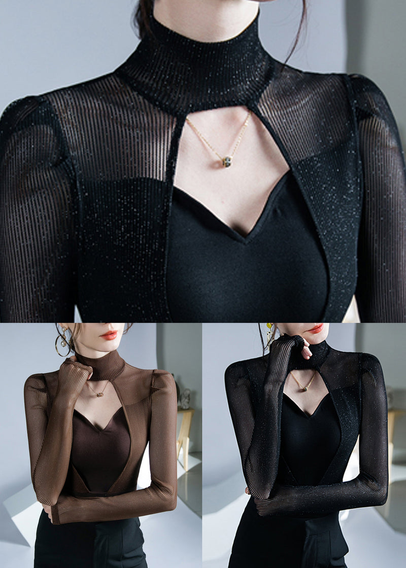 Black Turtleneck Hollow Out Patchwork Knittop Fall