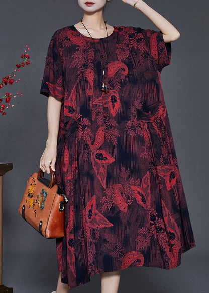 Classy Dull Red Print Pockets Cotton Long Dress Summer