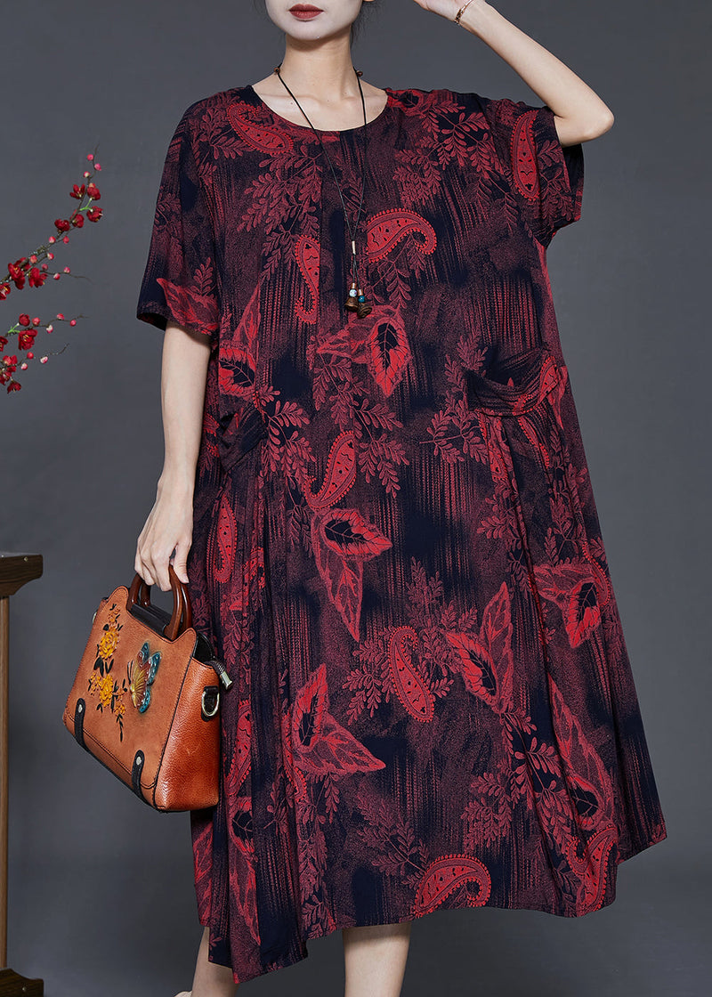 Classy Dull Red Print Pockets Cotton Long Dress Summer