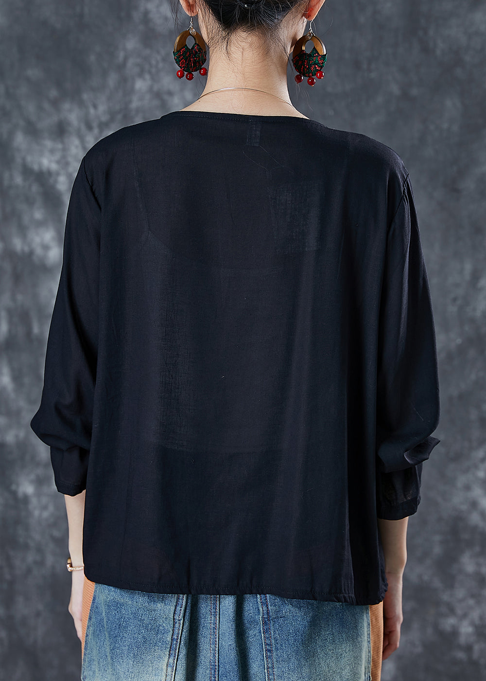Black Embroidered Cotton Loose Blouses Summer