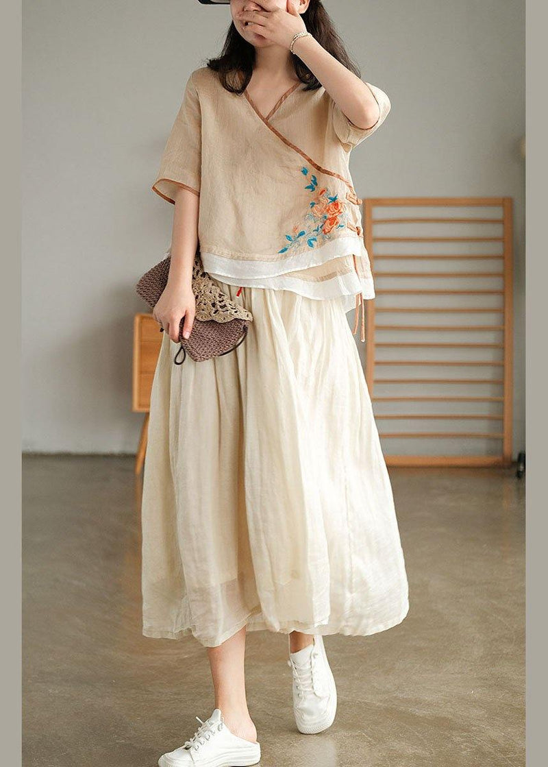 Style Yellow Embroidered Asymmetrical Design Ramie Summer Blouses