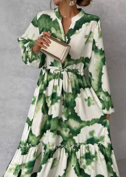 Green Ruffled Print Cotton Ankle Dress Lantern Sleeve