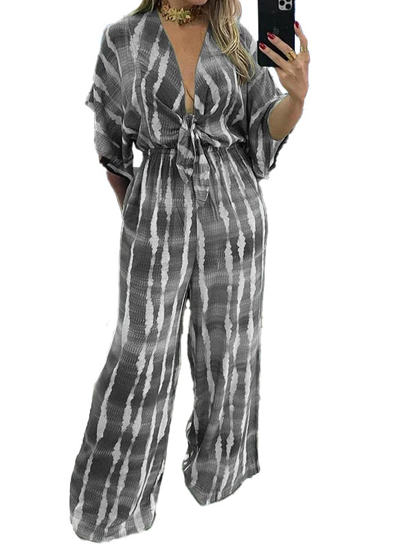 New Green V Neck Print Lace Up Cotton Jumpsuits Summer