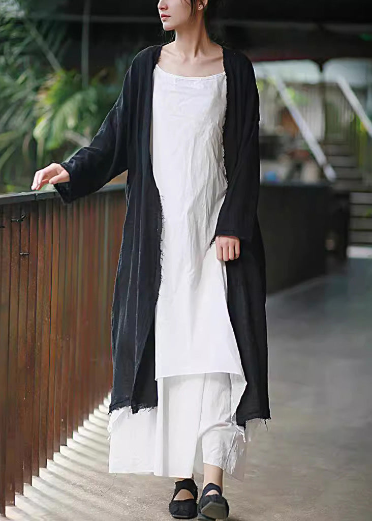 Beige Tasseled Pockets Linen Cardigan Long Sleeve