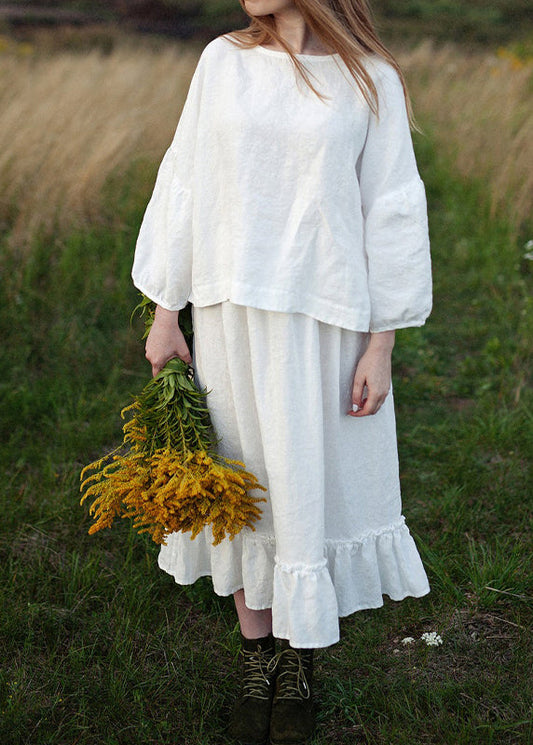 White O Neck Linen Shirt Tops Lantern Sleeve