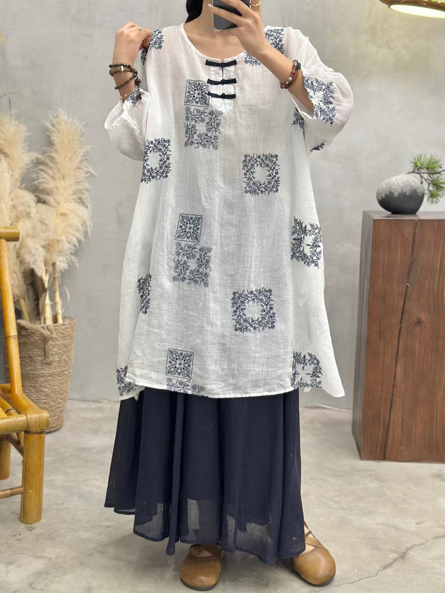Summer Embroidery Long Ramie Shirt