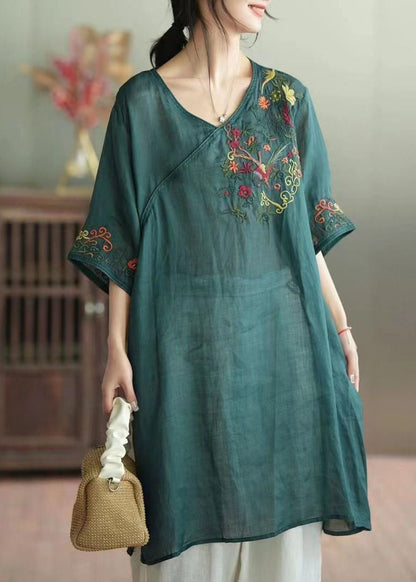 Green Patchwork Linen Mid Dress V Neck Embroidered Summer