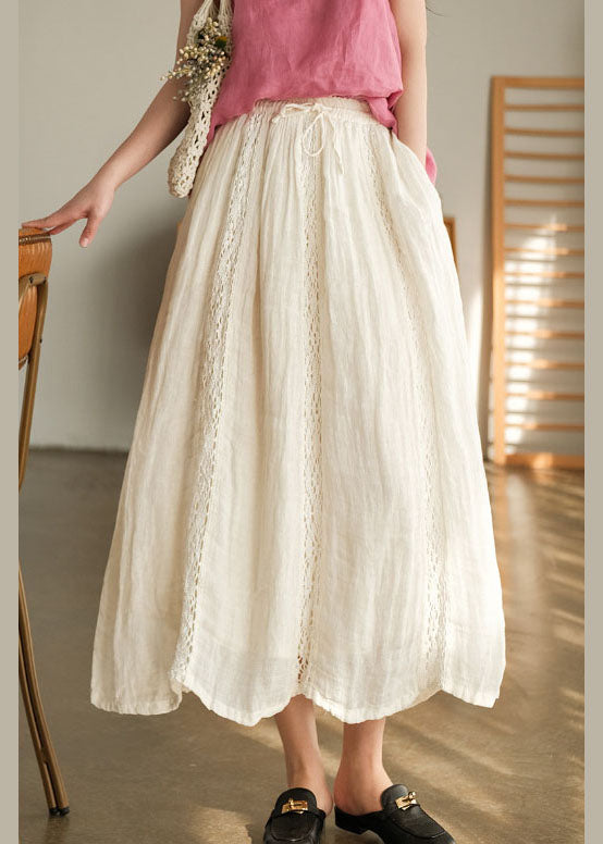 White Tie Waist Lace Patchwork Linen Skirts Spring