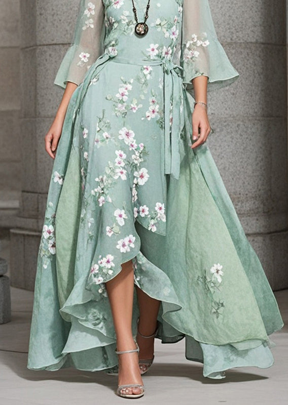 Green Asymmetrical Print Exra Large Hem Chiffon Holiday Dress Summer