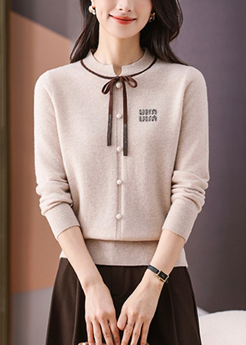 Beige Bow Cozy Woolen Winter Sweater O Neck