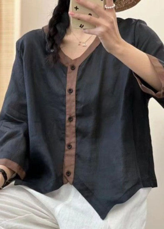 Green V Neck Asymmetrical Patchwork Linen Shirt Summer