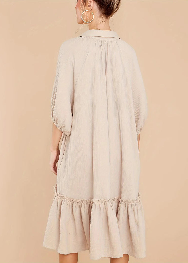 Apricot Button Ruffled Patchwork Cotton Dress Summer