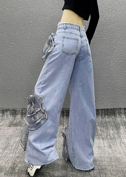 Blue Pockets Bead Tassel Denim Pants Fall
