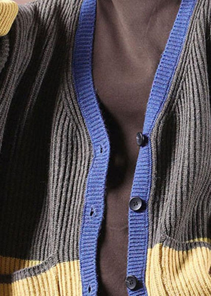 Dark Grey Pockets Colorblock Button Fall Sweater Jackets