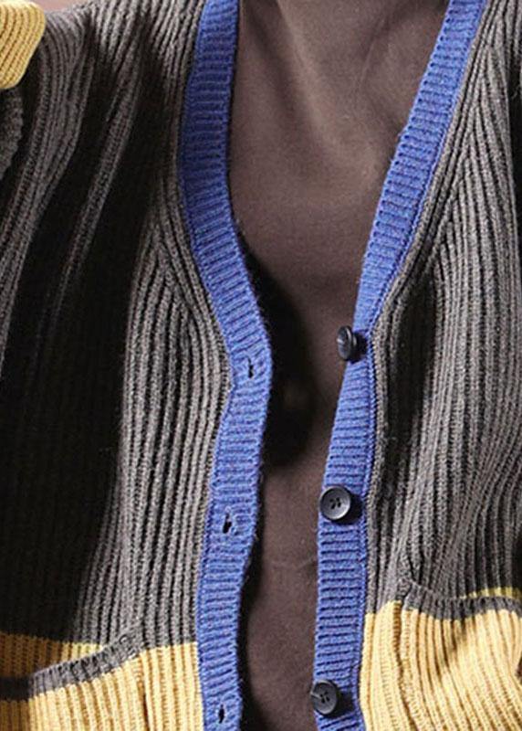 Dark Grey Pockets Colorblock Button Fall Sweater Jackets