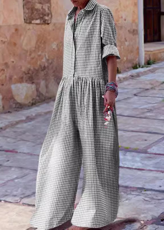 Blue Peter Pan Collar Plaid Button Cotton Jumpsuit Fall