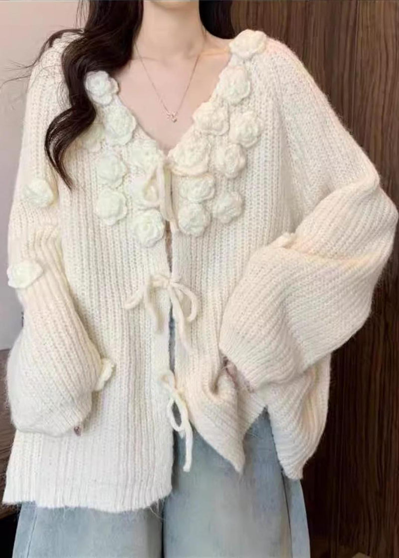 Cozy White Decorated Lace Up Knit Cardigan Fall