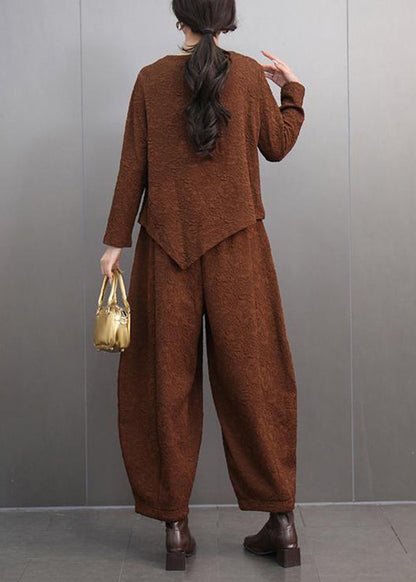 Brown O-neck Print T Shirts and Lantern Pants Two Pieces Set Spring