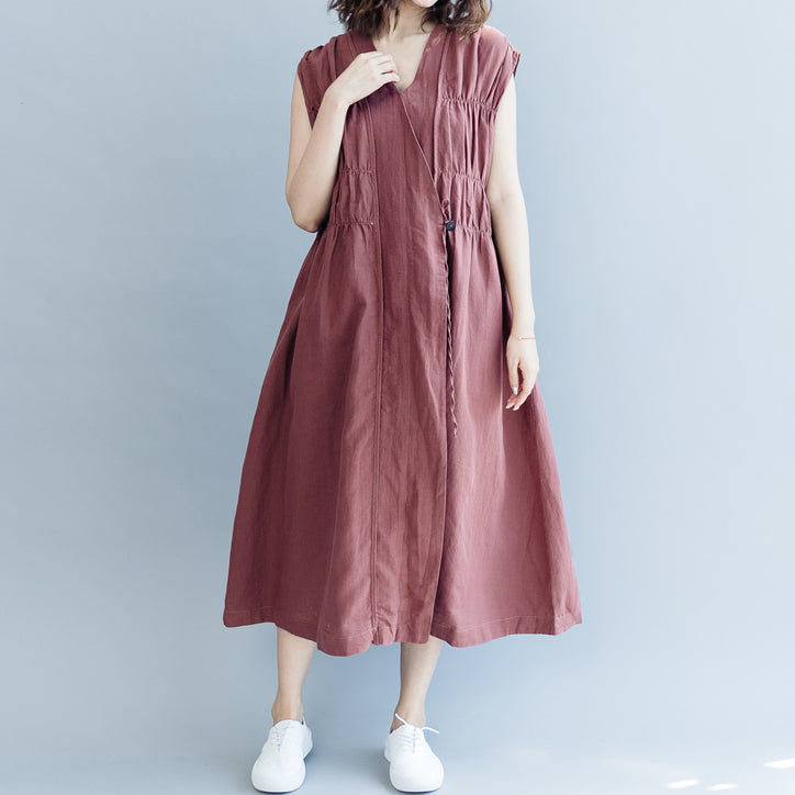 Khaki Cotton Linen Dresses Loose Fitting Cotton Linen Clothing Dress New Sleeveless Cinched V Neck Baggy Dresses