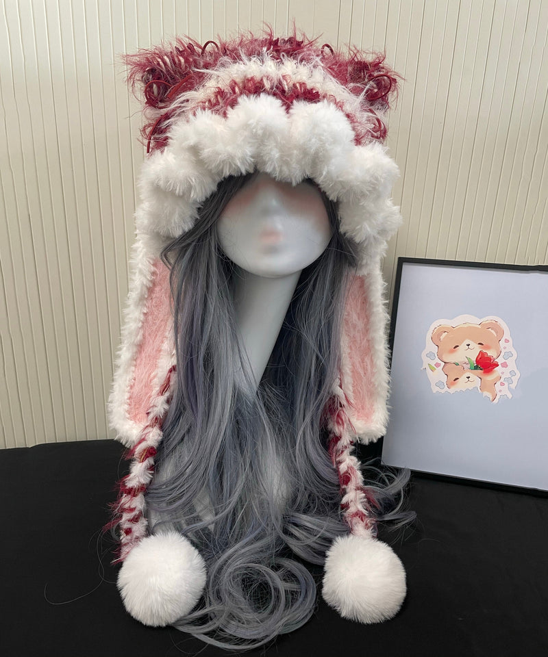 Red and White Knitted Warm Fleece Boonie Hat