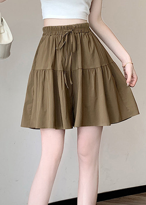 Khaki Pockets Elastic Waist Cotton Shorts Summer