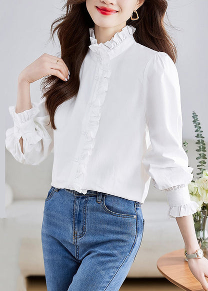 White Stand Collar Ruffled Patchwork Button Shirt Puff Sleeve