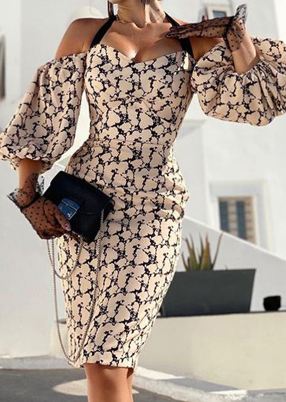 New Apricot Printed Off Shoulder Cotton Dress Lantern Sleeve