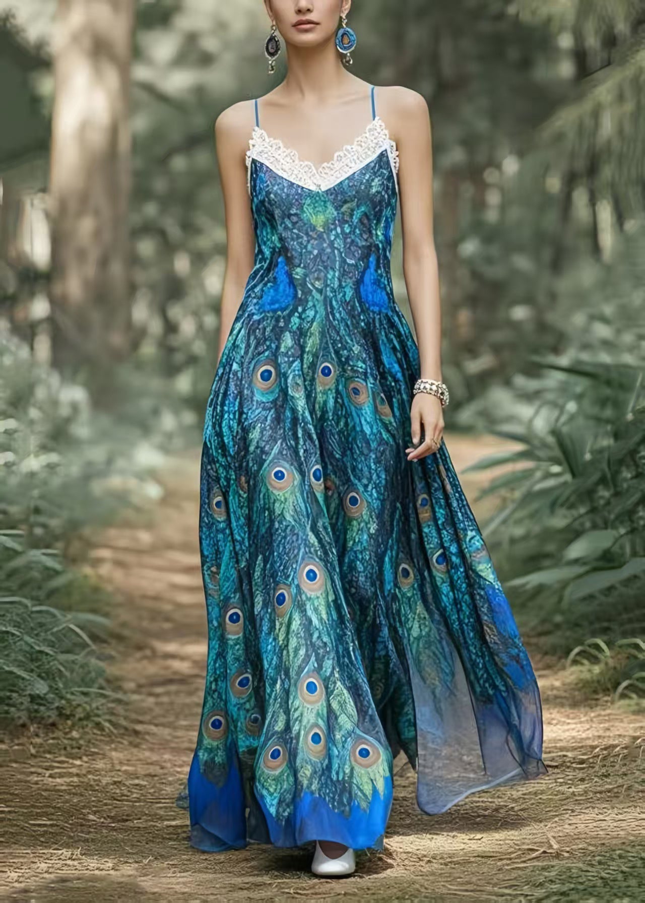 Peacock Blue Print Exra Large Hem Chiffon Holiday Dress Summer