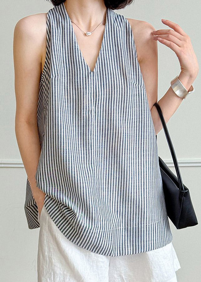Striped V Neck Sashes Shirt Summer