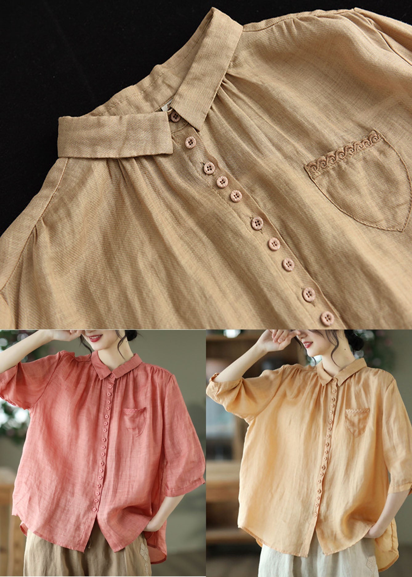 Orange Peter Pan Collar Pockets Linen Shirt Tops Half Sleeve