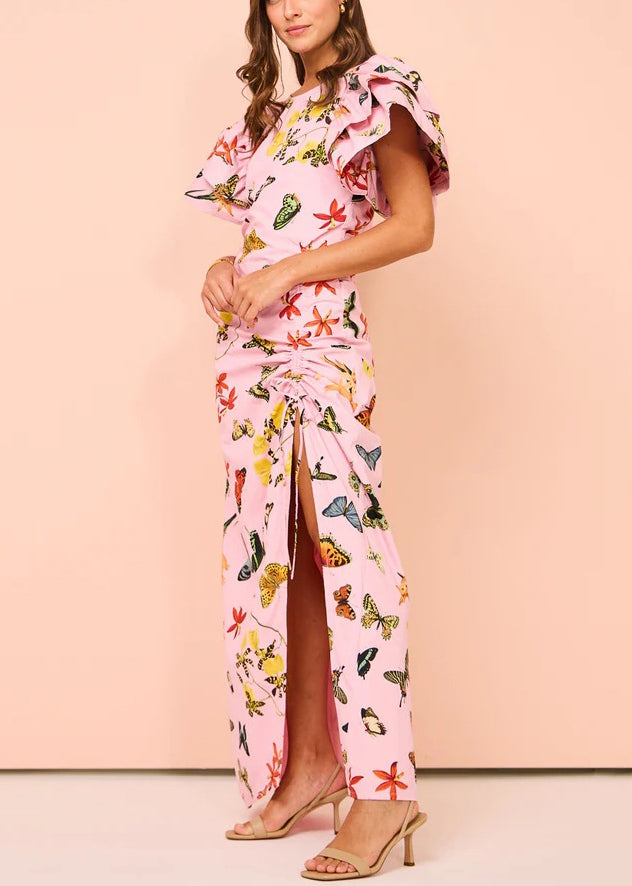 Pink Print Lace Up Side Open Cotton Dresses Butterfly Sleeve