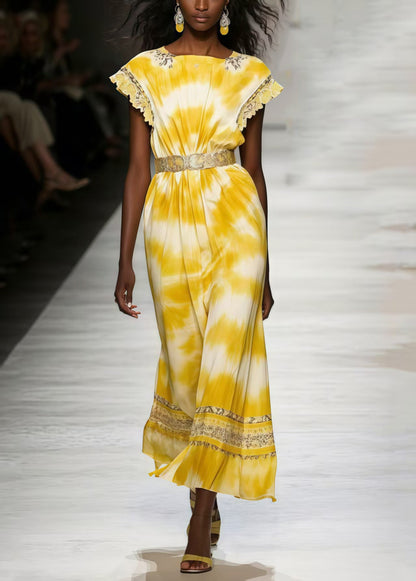 Yellow Tie Dye Chiffon Tunic Dresses Sleeveless