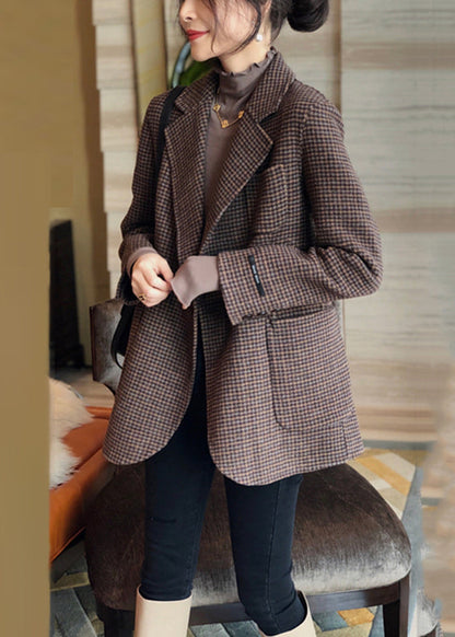 Plaid Button Pockets Patchwork Cotton Coats Fall