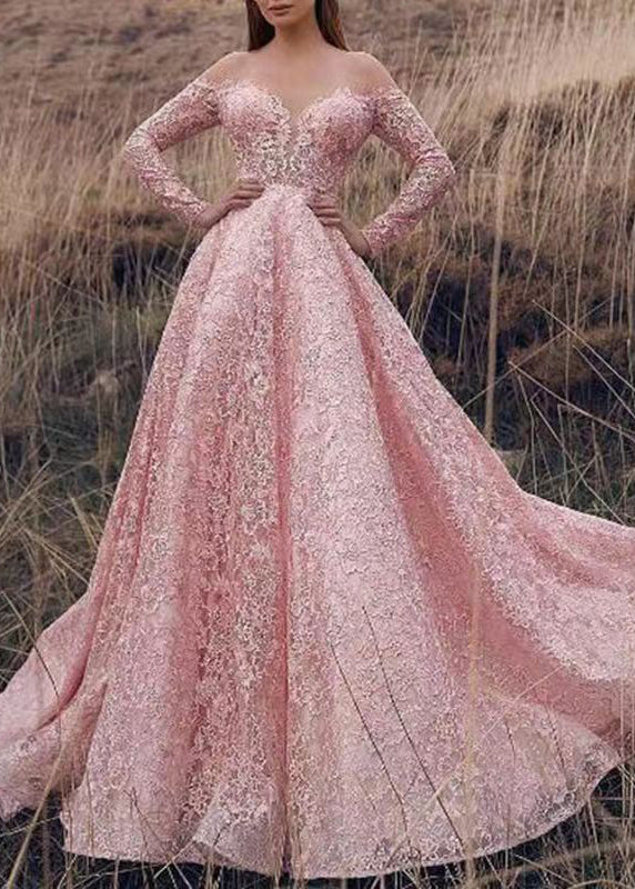 Pink Slash Neck Lace Ankle Dress Spring