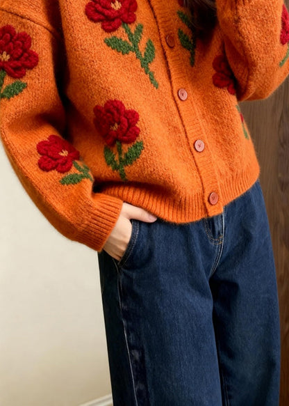Orange O Neck Knit Loose Cardigans Fall