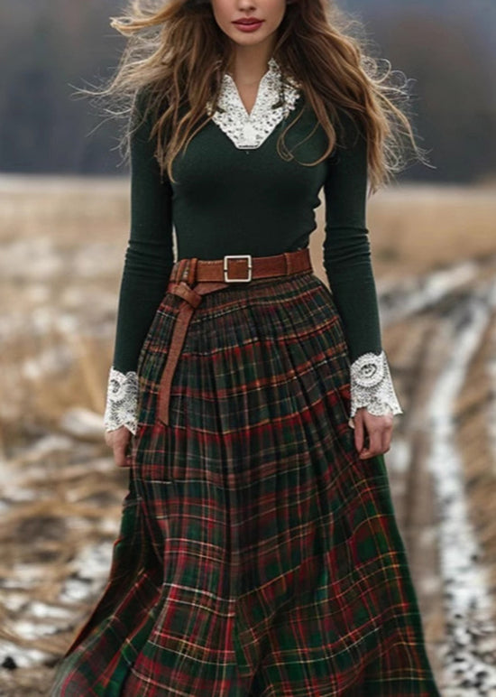 Countryside Style Plaid V-neck Patchwork Long Dress Spring