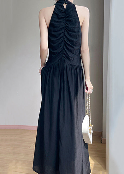 Black Wrinkled Cotton Maxi Dresses V Neck Summer